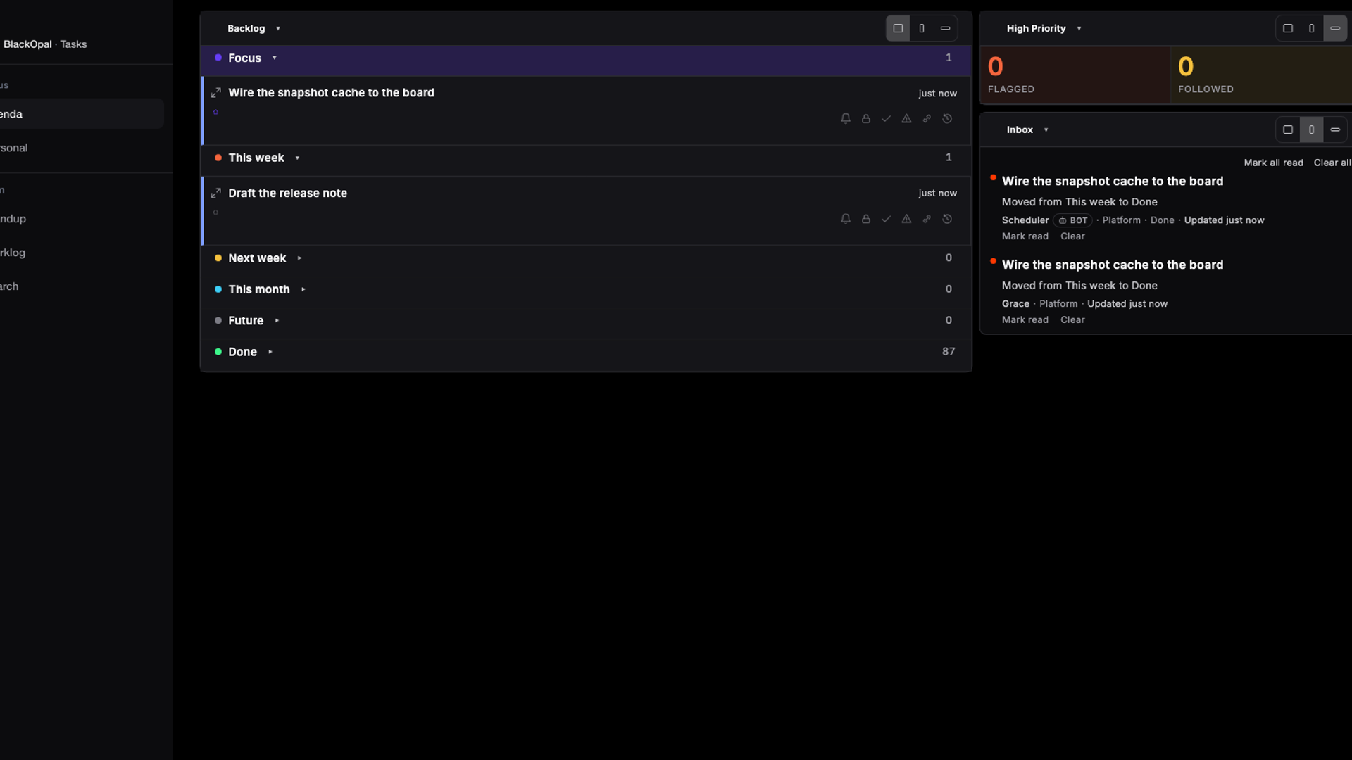 Tasks Agenda with the backlog of focused work, an inbox of recent updates, and high-priority counts.